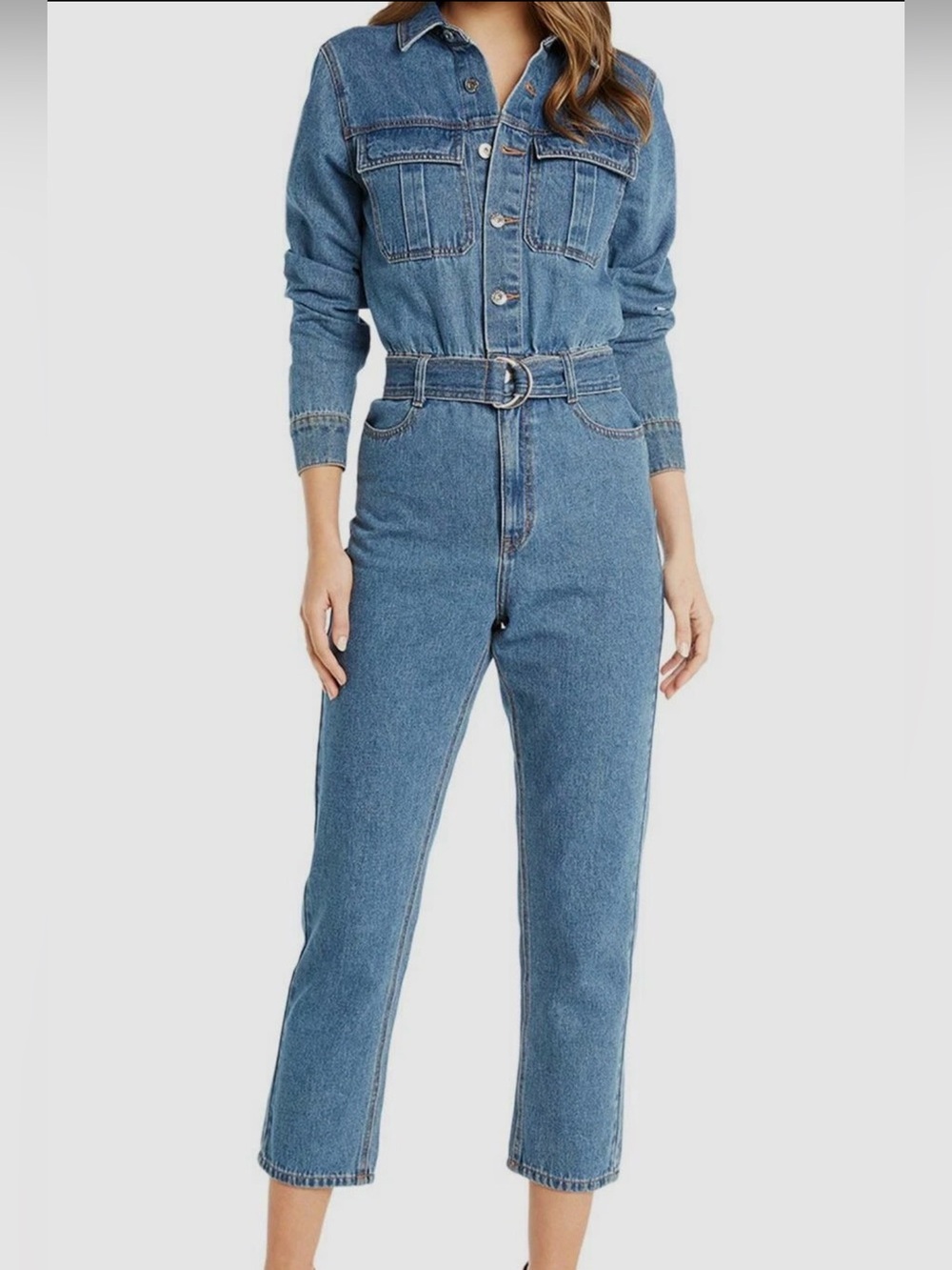 Bardot Womens Blue Collared Long-Sleeve Denim Jumpsuit Size US 28